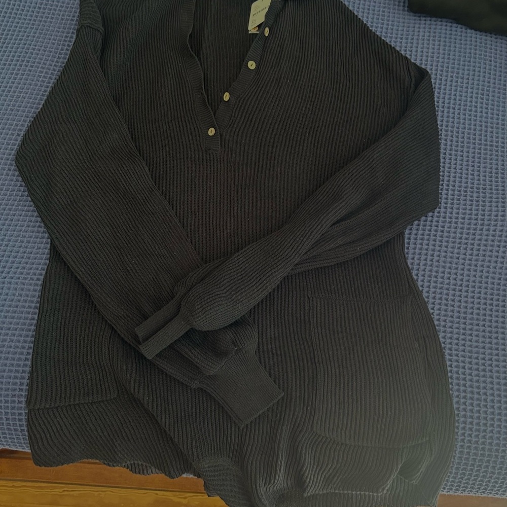 Free People Charcoal Ribbed Button-Up Top